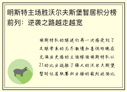 明斯特主场胜沃尔夫斯堡暂居积分榜前列：逆袭之路越走越宽