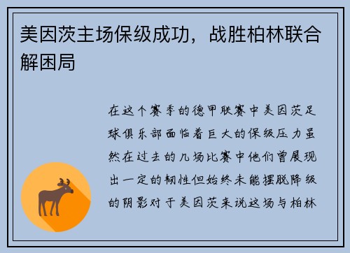 美因茨主场保级成功，战胜柏林联合解困局
